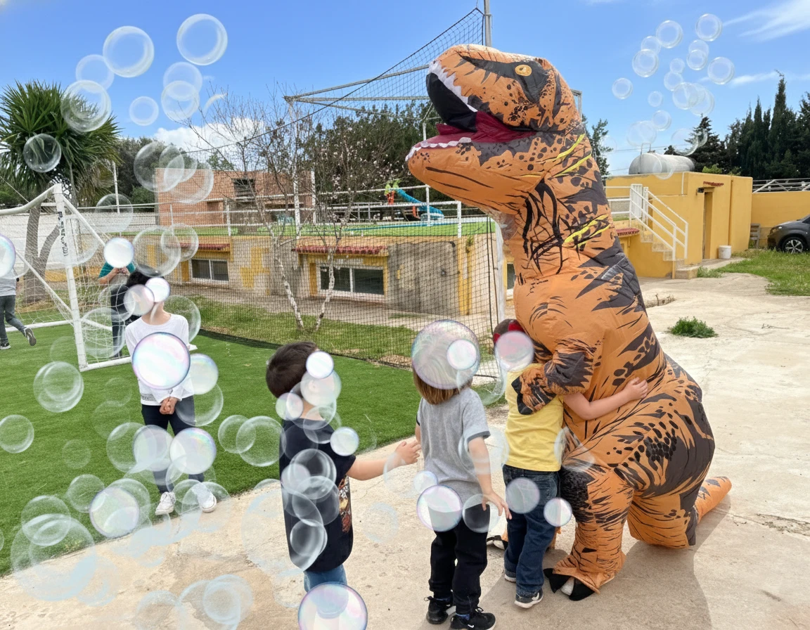 Dinosaurio gigantón jugando con niños